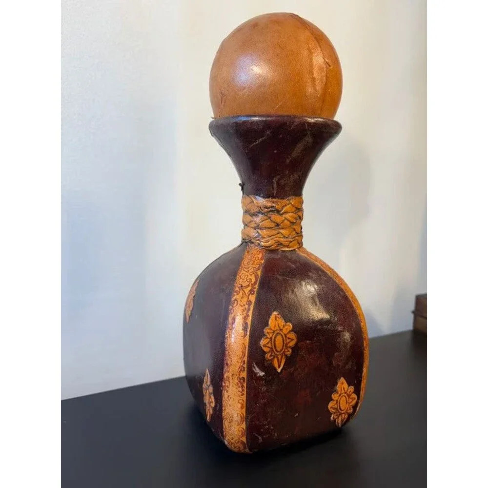 Italian Leather Decanter Dark Brown Fleur de Lis Applied Motifs Ball Stopper